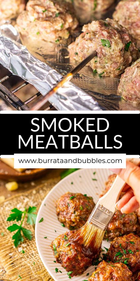 Put these best-ever smoked meatballs on your next dinner party or game day menu and watch how happily and quickly everyone gobbles them up! Featuring a blend of ground beef and pork with loads of freshly grated Parmesan, these ultra juicy meatballs show off the perfect touch of smoky flavor for an added complexity, and you can serve them in so many ways. Make sure you keep this smoked meatball recipe handy because you'll turn to it again and again. Smoked Meatballs, Ground Chicken Meatballs, Juicy Meatballs, Bubble Recipe, Grilled Recipes, Sausage Meatballs, Beef And Pork, Meatball Recipes Easy, 80's Party