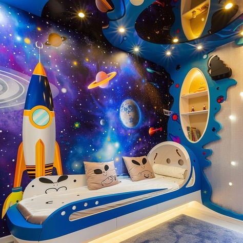 Vibrant space-themed children's bedroom with rocket-shaped bed, celestial decor, and starry murals, designed to inspire creativity and dreams of space exploration in young minds. Rocket Bed, Celestial Bedroom, Bedroom Mural, Celestial Decor, Space Themed Bedroom, Themed Decorations, Themed Bedroom, Space Room, Children Room