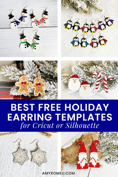 Free Christmas Earring SVG Cut File Templates for Cricut or Silhouette available at amyromeu.com Christmas Earring Svg, Holiday Earrings Diy, Earring Svg Files, Earring Templates, Cricut Christmas Ideas, Diy Leather Earrings, Earring Svg, Christmas Svg Files, Cricut Free