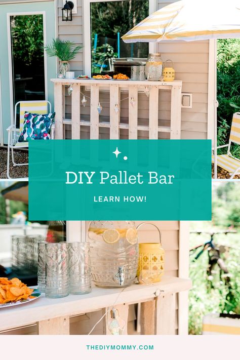 This DIY outdoor pallet bar is simple to make and would make a great addition to your patio. Let me show you how to build it. Pallet Projects Bar, Diy Outdoor Bar Ideas, Pallet Bar Diy, Outdoor Pallet, Diy Outdoor Bar, Bar Diy, Pallet Bar, Pallet Outdoor, Diy Bar