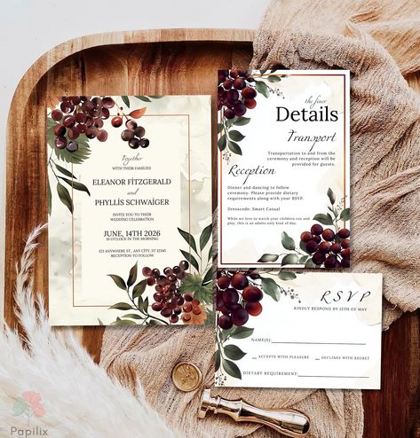 Berry Wedding Invitation Set, Italian Invite, Burgundy and Green Foliage Invites, Rustic Botanical Invite, Fall or Winter Nature Invites by Papilix on Etsy Delicate Fonts, Forest Green Wedding, Berry Wedding, Wedding Kit, Invitation Background, Green Wedding Invitations, Winter Nature, Wedding Invitation Sets, Green Foliage