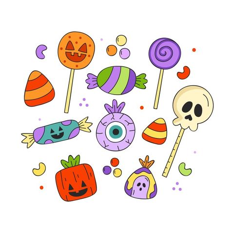 Colección de dulces de halloween dibujad... | Free Vector #Freepik #freevector Halloween Candy Doodles, Halloween Candy Illustration, Halloween Candy Drawing, Marcos Halloween, 2024 Bujo, Candy Drawing, Deco Halloween, Spooky Candy, Halloween Illustrations