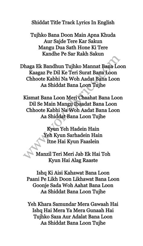 Shiddat Title Track Lyrics - Manan Bhardwaj Famous Song Lyrics, Free Song Lyrics, Love Cards For Him, Writing Lyrics, Meaningful Lyrics, Love Song Quotes, Song Lyrics Beautiful, Song Lyric Quotes, Best Song Lyrics