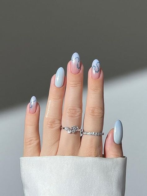 Baby Blue Nail Art, Short Almond Nail Ideas, Blue Sparkly Nails, Almond Nail Ideas, Light Blue Nail Designs, Light Blue Nails, Baby Blue Nails, Short Almond, Blue Nail Art