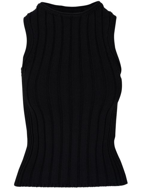 black stretch-design ribbed knit crew neck sleeveless straight hem Khaite Outfit, Jonathan Adler, Versace Outfit, Knitted Tops, City Dress, David Yurman, Summer Beach Wear, Knitted Tank Top, Knit Tanks