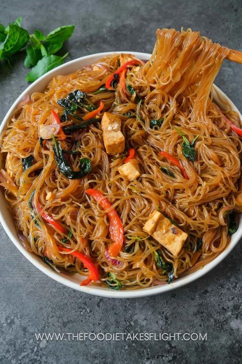 Basil and Tofu Vermicelli - The Foodie Takes Flight Tofu Vermicelli Bowl, Tofu Vermicelli, Sweet Soy Sauce Recipe, Korean Sweet Potato Noodles, Noodles With Tofu, Filipino Pancit, Pancit Bihon, Thai Drunken Noodles, Korean Sweet Potato