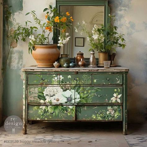 Re·design with Prima Burgundy Dahlia, Decor Transfers, Redesign With Prima, Rub On Transfers, Decoupage Furniture, Green Furniture, Large Decor, Green Collection, Green Decor