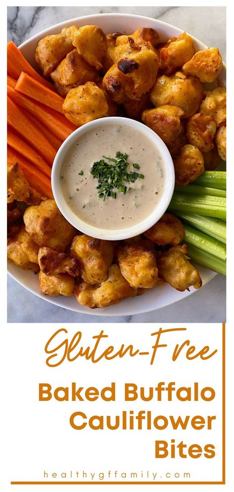 Lightly battered cauliflower bites seasoned with just the right amount of spice and baked to crispy perfection! Serve with a creamy vegan Ranch Dressing for a perfect "healthier", vegetarian Game Day Snack or anytime appetizer! Easy recipe with simple ingredients. Battered Cauliflower, Baked Buffalo Cauliflower Bites, Baked Cauliflower Bites, Gluten Free Party Food, Gluten Free Party, Appetizer Easy, Baked Buffalo Cauliflower, Vegan Ranch Dressing, Buffalo Cauliflower Bites