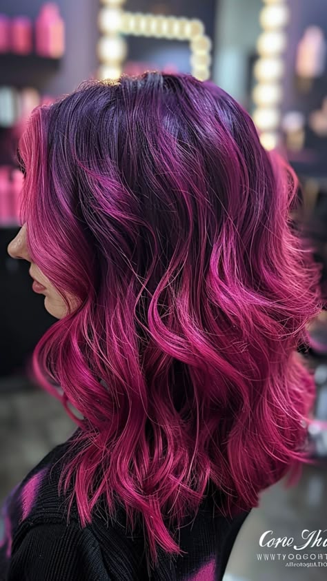 25 Pink Hair Transformations: Get Inspired for Your Next Color Purple And Magenta Hair Highlights, Vivid Pink Hair, Dark Pink Hair Color Ideas, Dark Roots Pink Hair Balayage, Magenta Highlights On Dark Hair, Pink Hair With Dark Roots, Maroon And Pink Hair, Purple And Magenta Hair, Dark Pink Hair Color