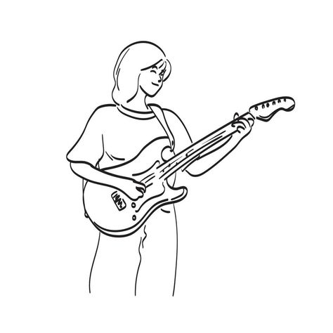 Drawing Reference Poses Playing Guitar, Woman Playing Guitar Drawing, Playing Electric Guitar Pose Reference Drawing, Person Playing Guitar Drawing, Girl Playing Guitar Drawing, Someone Playing Guitar, Playing Guitar Sketch, Playing Guitar Drawing, Electric Guitar Illustration