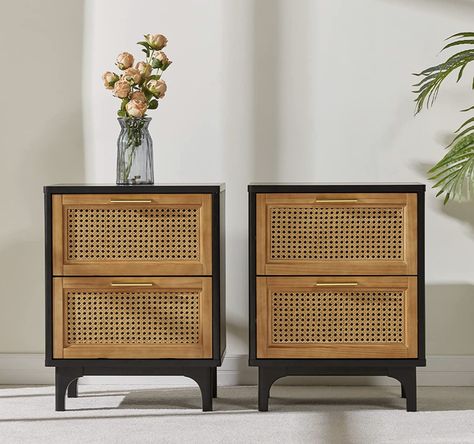 Rattan Nightstands Set of 2, Boho Accent Bedside Tables with 2 Solid Wood Drawers Storage End Table, Woven Natural Vintage Side Table for Bedroom, Black(2pcs) Boho Nightstand, Mid Century Bohemian, Side Tables For Bedroom, Nightstand Set Of 2, Storage Table, Vintage Side Table, End Table Sets, Bedroom Black, Small Side Table