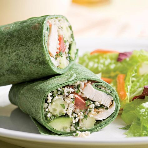 This wrap is stuffed with chicken tenders and couscous with a hit of lemon and a healthy dose of fresh herbs. Save any leftovers to wrap up for an easy lunch. Serve with: Mixed green salad and a glass of crisp white wine. Cheap Healthy Lunch, Mediterranean Wrap, Cheap Healthy, Mediterranean Food, 1200 Calories, Eat Better, Think Food, Ab Workouts, Work Lunch