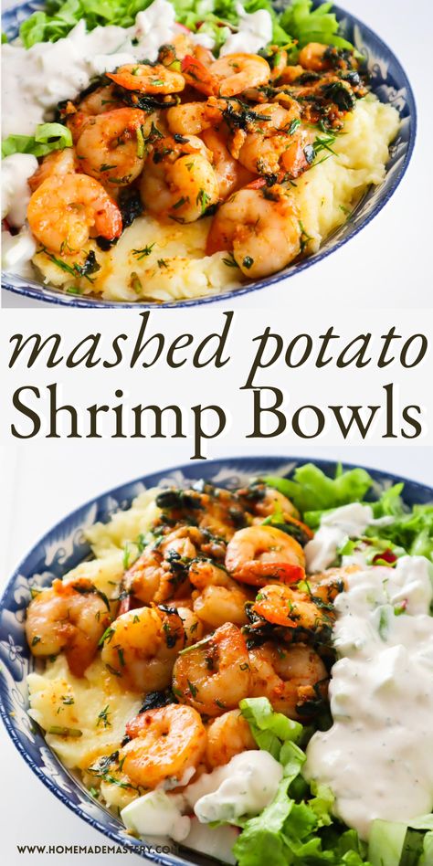 Shrimp Bowls, Spicy Garlic Shrimp, Spicy Shrimp Recipes, Different Salads, Healthy Dinner Ideas, Potato Dinner, Shrimp Dinner, Baked Shrimp, Mashed Potato Recipes