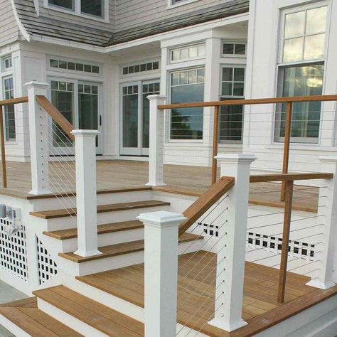 Cable Rail gives you that sleek modern look on your deck without obstructing your view. ⠀⠀⠀⠀⠀⠀⠀⠀⠀⁠ What type of Railing do you like on your deck? Glass, Aluminum or Cable? Cable Front Porch Railing, Deck With Horizontal Railing, Deck With A View, Front Deck Railing Ideas, Front Porch Cable Railing Ideas, Deck Without Railing, Timber Tech Deck Ideas, Patio Railings, Porch Railing Ideas