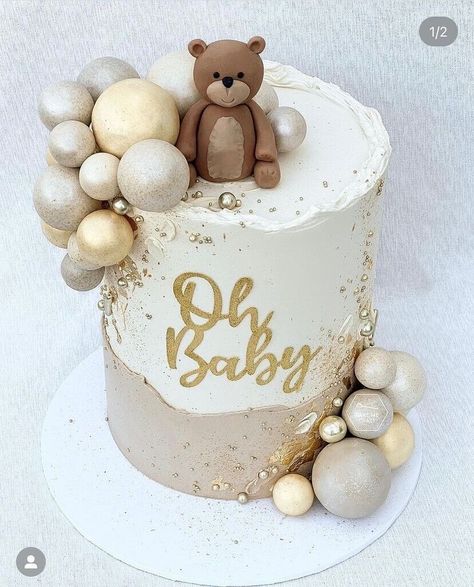 Gold Baby Shower Cake, Gold Glitter Cake, Baby Shower Cakes Neutral, Oh Baby Cake, Bear Baby Shower Cake, Gold Glitter Cake Topper, Baby Shower Cake Designs, Bear Baby Shower Theme, Idee Babyshower