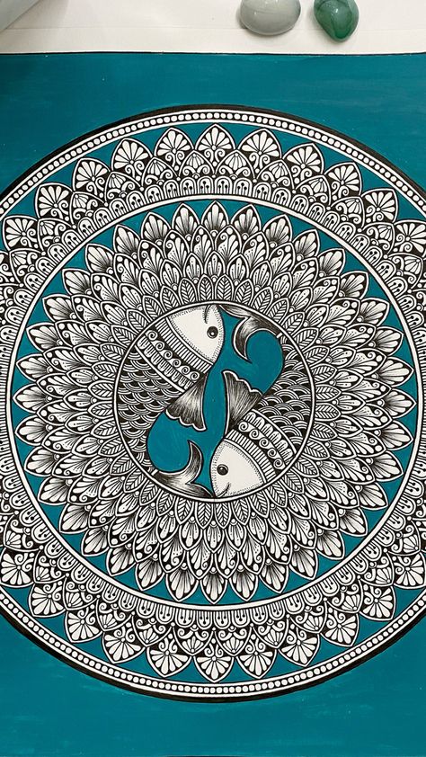 Learn to draw this beautiful Mandala art ! #mandala #mandalaartist #mandalatattoo #mandaladesign #pisces Pisces Mandala Art, Mandala Folk Art, Traditional Abstract Art, Mandala Art With Painting, Madhubani Mandala Art, Abstract Mandala Art, Buddha Mandala Artwork, Warli Mandala Art, Mandala Art Colorful Patterns