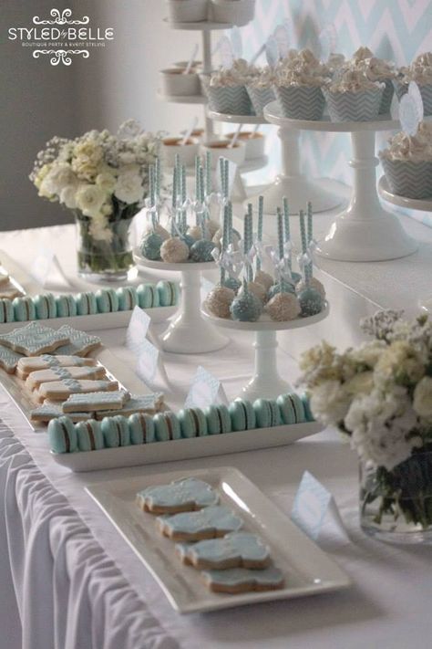 Planning a wedding? Come see Jill at #411Poyntz #ConfettiandCashmere Sweet table Baby Shower Sweets Table Boy, Cake Pops Display, Baptism Cake Boy, Blue Macarons, Baby Shower Cake Table, Baby Shower Dessert Table, Idee Babyshower, Boy Baby Shower Ideas, Baby Shower Cakes For Boys