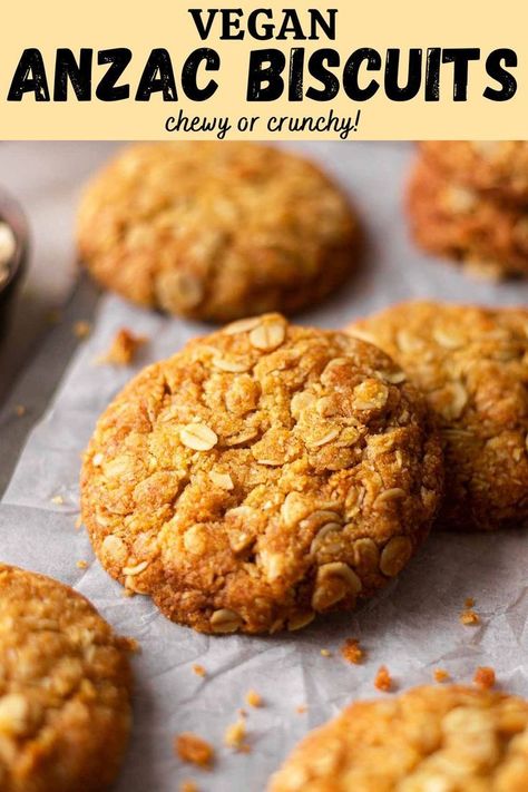 Classic vegan Anzac biscuits packed with oats and coconut with a hint of caramel from golden syrup. You only need common pantry ingredients to make these irresistibly crunchy and chewy biscuits! Oat Biscuit Recipe, Eggless Biscuits, Anzac Cookies, Cultural Recipes, Easy Vegan Cookies, Chicory Recipe, Anzac Biscuits, Fantastic Recipes, Vegan Cinnamon Rolls