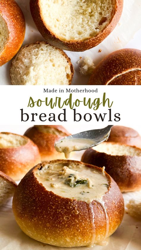 These sourdough bread bowls are the perfect way to serve your favorite fall soup recipes! Sourdough Bowl Soup, Bread Recipes Homemade Sourdough, Panera Sourdough Bread Bowl Recipe, Fall Baking Sourdough, Sourdough Bread Soup Bowls, Sour Dough Bread Bowls For Soup, Sourdough Busicuts, Sour Dough Bread Bowl, Sourdough Super Bowl Snacks