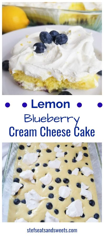 Lemon Blueberry Cream Cheese Cake - Stef's Eats and Sweets Lemon Cream Cake, Box Lemon Cake, Lemon Cake Easy, Lemon Blueberry Cheesecake, Lemon Pudding Cake, Super Easy Desserts, Yummy Cheesecake, Boxed Cake, Blueberry Lemon Cake