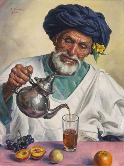 Old Moroccan Man Pouring Tea Uae Culture, Empire Larp, Pouring Tea, Art Marocain, Egyptian Painting, Middle Eastern Art, Arabian Art, Photoshop Artwork, Moroccan Art