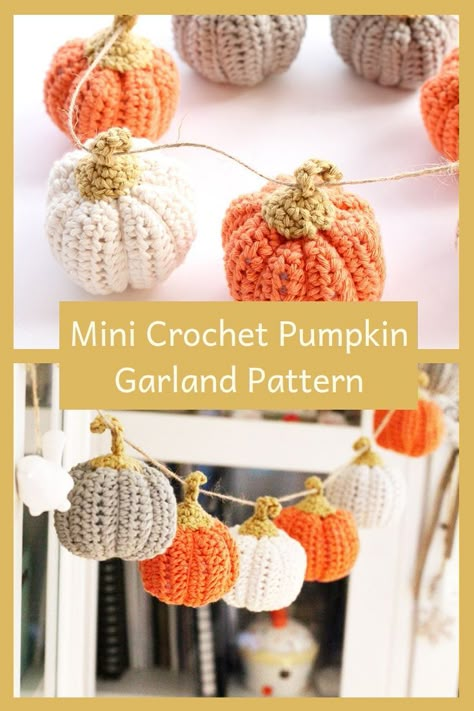 Crochet Pumpkin Garland, Crocheted Pumpkins, Pumpkin Crochet Pattern, Crochet Pour Halloween, Pumpkin Crochet, Crochet Unique, Crochet Garland, Fall Crochet Patterns, Fall Crochet