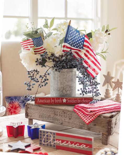 Fourth of July centerpiece Memorial Day Table Decorations, Four Of July Decorations, Fourth Of July Mantel Decorations, Fourth Of July Table Centerpieces, 4th Of July Coffee Table Decor, Fourth Of July Fireplace Decor, Flag Centerpiece Ideas, 4th Of July Home Decor Ideas, Memorial Day Tablescapes