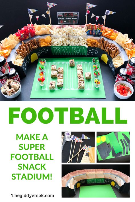 Fun Football Snacks, Football Snack Stadium, Superbowl Treats, Flag Football Party, Football Draft Party, Football Party Snacks, Superbowl Foods, Fantasy Football Draft Party, Snack Stadium