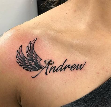 Rip Boyfriend Tattoos, Rip Tattoos For Uncle, Tattoo For Angel In Heaven, Name Tattoo With Wings, Rip Tattoos For Mom Mothers Heavens, Angel Wings Memorial Tattoo, Memorial Name Tattoos, Name With Wings Tattoo, Heavenly Tattoo For Women