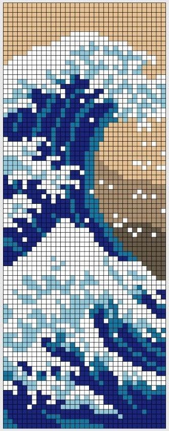 Water Scenery, Pixel Quilting, Japan Painting, Japanese Crochet, Pixel Art Templates, Waves Ocean, Pixel Crochet, Pixel Art Grid, Pix Art