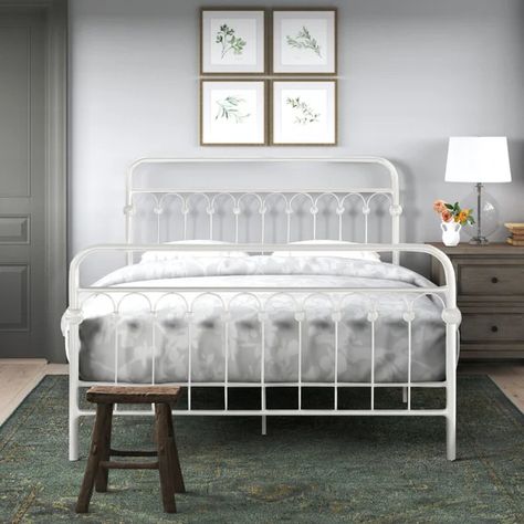 Gravois Platform Bed Rooms With White Metal Bed Frames, White Metal Bed Frame, Farmhouse Bed Frame, Platform Bed Metal, White Metal Bed, Vertical Slats, Farmhouse Bed, Bed Metal, Low Profile Platform Bed