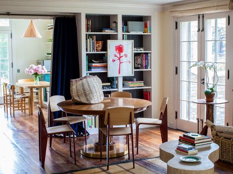 David Netto, Book Shelving, Curtain Art, Moody Interiors, Bookshelf Styling, Louise Bourgeois, Random Inspiration, Blue Curtains, Kitchen Nook