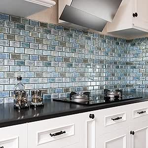 Modern Kitchen Tiles Wall, Blue Countertops Kitchen, Peel And Stick Backsplash Kitchen, Wall Tiles For Bathroom, Blue Tile Backsplash Kitchen, Kitchen Self, Sticky Tile, Adhesive Wall Tiles, Brick Kitchen Backsplash