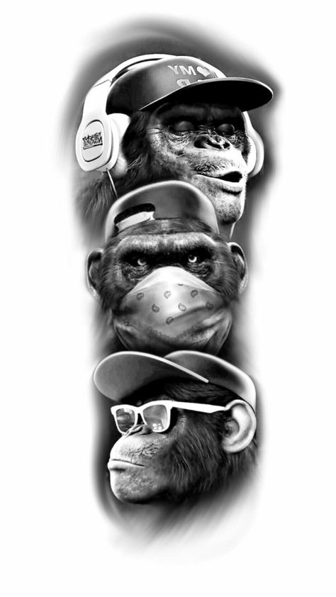 Gorilla Tattoo, Monkey Tattoos, Three Wise Monkeys, Omerta Tattoo, Chicano Art Tattoos, Leg Sleeve Tattoo, Monkey Art, Tattoo Designs And Meanings, Grey Tattoo