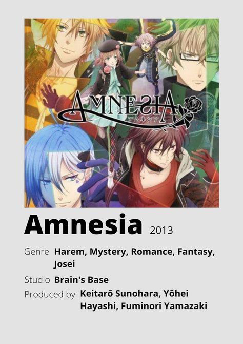 Anime Checklist, Amnesia Memories, Diabolik Lovers Wallpaper, Poster Information, Anime Minimalist Poster, Amnesia Anime, Comedy Anime, Animes To Watch, Poster Anime