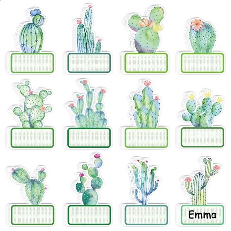 Whaline 120Pcs Cactus Name Tags Stickers 12 Designs Watercolor Succulent Nameplate Stickers Classroom Bulletin Board Decoration Label Stickers for Office School Desk Wall Message Board, 20 Sheet Cactus Name Tags, Preschool Name Tags, Daycare Printables, Bulletin Board Decoration, Cactus Names, Plants Classroom, Large Cactus, Student Name Tags, Desk Name Tags