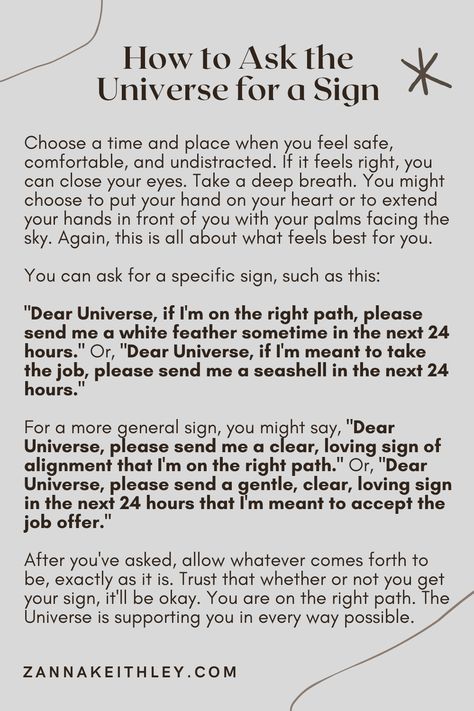 How to Ask the Universe for a Sign (A Complete Guide) - Zanna Keithley Spiritual Psychology, Spiritual Awakening Signs, Witch Spirituality, Magic Spell Book, Spiritual Journals, Energy Healing Spirituality, Spiritual Manifestation, Love And Happiness, Manifestation Journal