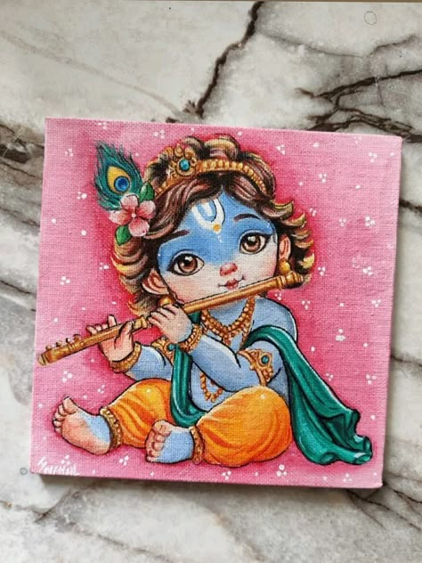 Cute Krishna Canvas Painting, Krishna Small Canvas Painting, Baby Krishna Painting, Creative Pencil Art, Krishna Painting On Canvas, Radha Krishna Iskcon, Aura Painting, Krishna Iskcon, Baby Room Paintings