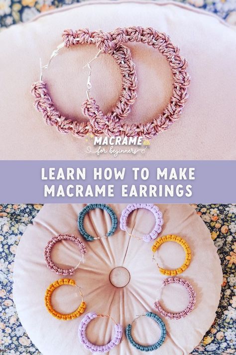 Macrame Earrings - Macrame attached to earring hoop Easy Macrame Earrings, Leaf Earrings Diy, Easy Diy Macrame, Macrame For Beginners, Macrame Earrings Tutorial, Diy Macrame Earrings, Easy Macrame, Crochet Earrings Pattern, Macrame Wall Hanging Patterns