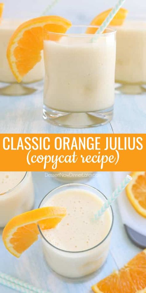 This classic Orange Julius recipe is an easy and delicious smoothie made with frozen orange juice concentrate, milk, water, sugar, vanilla, and ice. It's frothy, creamy, cool, and sweet. If you love an orange creamsicle, you'll love this drink! Orange Julius Copycat Recipe, Fruit Kabob, Pizza Fruit, Orange Julius Recipe, Orange Juice Recipes, Creamsicle Smoothie, Orange Julius, Orange Smoothie, Drink Recipes Nonalcoholic