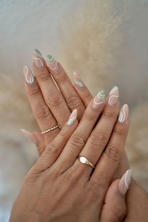 Irregular French Nails, Mexico Nails Designs Summer Vacations, Sage Wedding Nails, Swirls Acrylic Nails, Sage Nails Design, Cuba Nails, Sage Green Acrylic Nails, Nail Art Blanc, Manicured Nails