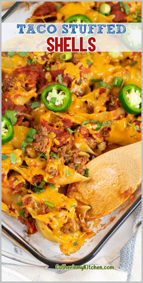 Experience a burst of flavors with these taco stuffed shells. Filled with seasoned beef, creamy cheese, and topped with salsa, this dish is perfect for a tasty and exciting meal. Tuesday Meals, Mexican Inspired Dinner, Jumbo Shell Recipes, Shell Recipes, Easy Chicken Casserole Recipes, Traditional Pasta, Chicken Casserole Easy, Healthy Casserole Recipes, Tasty Dinner