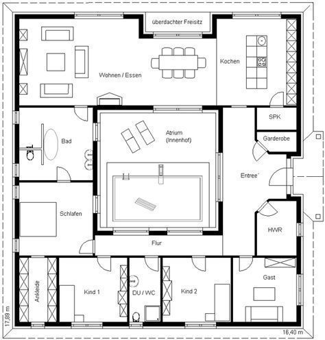 Atrium House, Courtyard House Plans, Harmony House, Floor Plan Layout, Craftsman Style Homes, Layout Architecture, Craftsman Bungalows, Courtyard House, Architecture Old