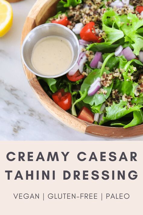 Ceaser Dressing Recipe, Tahini Caesar Dressing, Caesar Dressing Recipe, Delicious Salad Dressings, Vegan Dressing, Caesar Dressing, Homemade Salads, Tahini Dressing, Homemade Salad Dressing