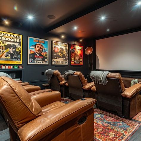 Modern home cinema room with leather reclining chairs, vintage movie posters, ambient lighting, and a projector for the perfect movie-watching experience Cozy Home Movie Room, Modern Home Cinema, Art Projector, Vintage Movie Theater, Movie Theater Rooms, Dallas House, Vintage Movie Posters, Chairs Vintage, Reclining Chairs