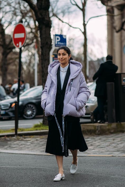 Purple Puffer Jacket Outfit, Purple Coat Outfit, Puffer Coat Outfit, Lilac Coat, Puffer Outfit, Caroline Issa, Plunging Dress, Puffer Jacket Outfit, Right Here Right Now