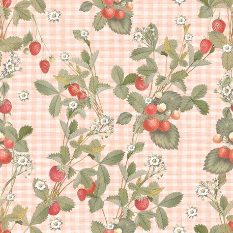 Wild vintage strawberries and pastel pink gingham checks , Raspberry Creek Fabrics Cottage Core Background, Cottage Core Style, Yellow Gingham, Pink Cottage, Romantic Cottage, Gingham Fabric, Strawberry Print, Vintage Collage, Fruit Pattern