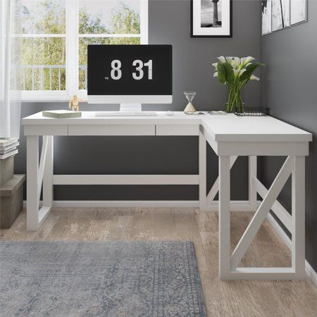 Work from home in style with the Ameriwood Home Crestwood Lift Top L Desk. The Desk is made from white painted MDF with a gray rub through for a rustic look at a reasonable price. The L-shape of the Desk keeps your computer and all of your paperwork within arm's reach while giving you multiple options for arranging your space. You can place the Desk in the middle of the room, or if you're tight on space, simply put the Desk in the corner to open up the area. The drawer is a great way to store al White L Desk, L Shaped Corner Desk, L Desk, L Shape Desk, White Desk, Solid Wood Desk, Adjustable Standing Desk, White Desks, White Room