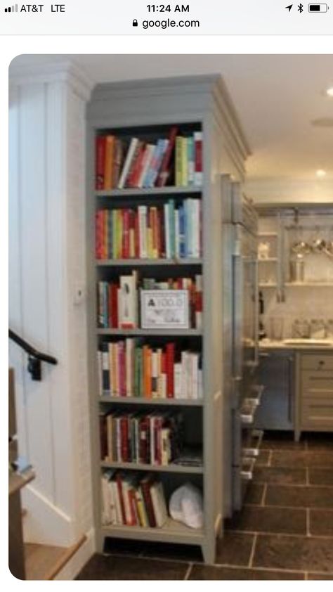 Book Shelves In Kitchen Cookbook Storage, Kitchen With Cookbook Shelf, Cookbook Storage In Kitchen, Kitchen Side Shelves, Cookery Books In Kitchen, Bookcases In Kitchen Ideas, Kitchen Recipe Book Storage, Cookbook Nook In Kitchen, Cookery Book Storage