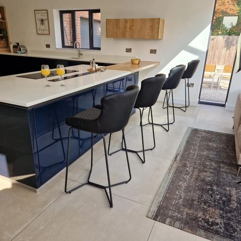 Blue Velvet Bar Stools, Padded Bar Stools, Kitchen Counter Island, Velvet Bar Stools, Island Bar Stools, Open Plan Kitchen Diner, Ceramic Dining Table, Kitchen Island With Seating, Bar Stools With Backs